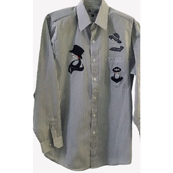 Get Lucky Blouse Embroidered Fashion Hat Deco Striped Button Down Size 14.5 - Picture 1 of 5